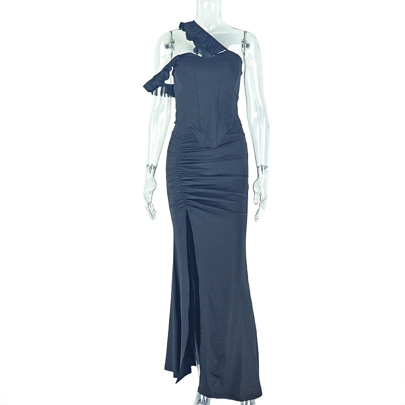 Elegant Women Clothing Split Solid Color Asymmetric Oblique Shoulder Halter Tube Top Dinner Skirt Set