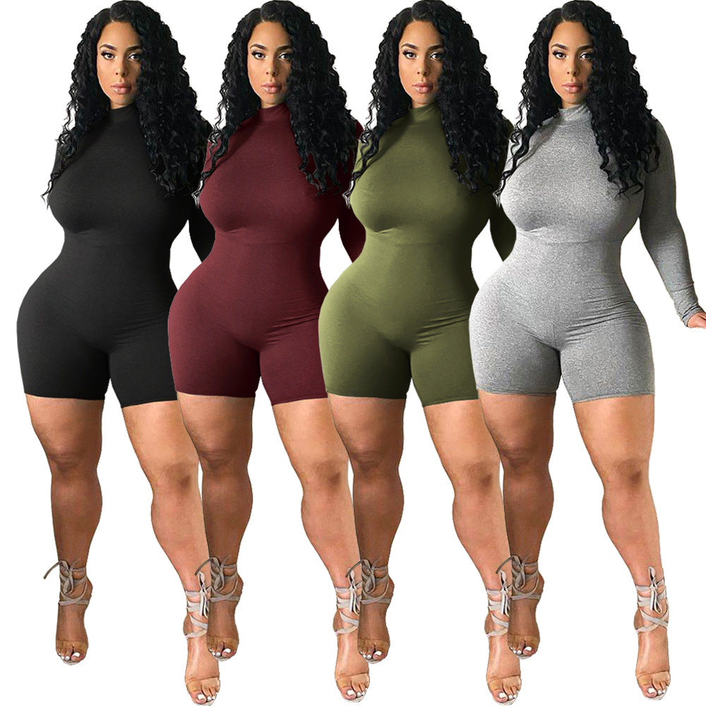 Women Clothing Sexy Nightclub Uniforms Zip-up Turtleneck Exercise Workout Romper