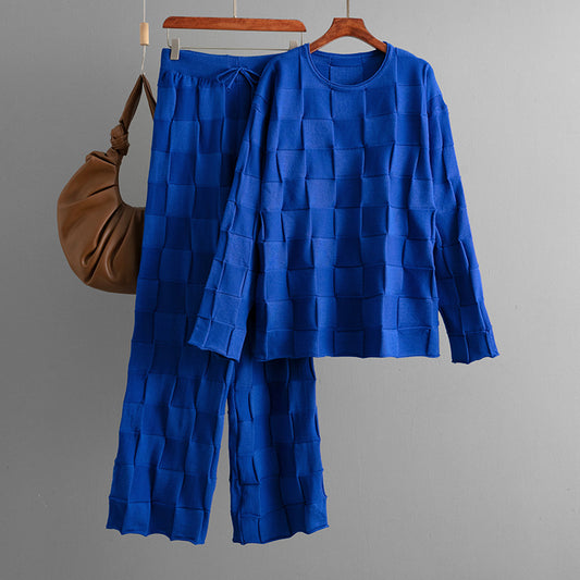 Square Plaid Knitting Women Autumn Winter Loose Fitting Oversized Sweater Casual Wide Leg Pants Two Piece Set