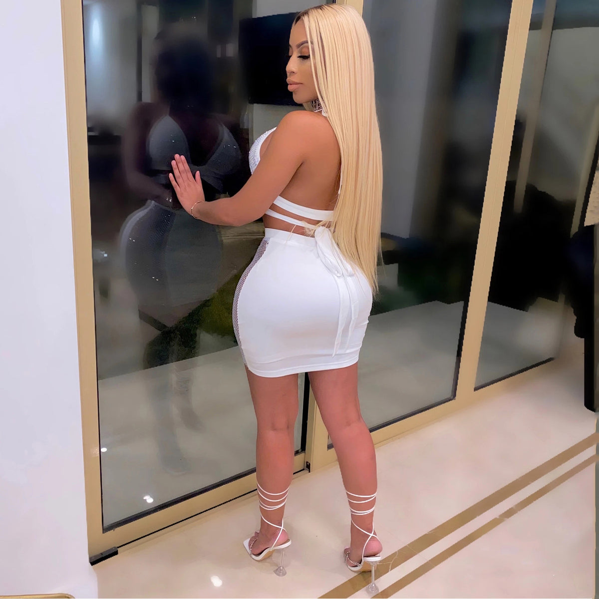 New Fashion Nightclub Skirt Drilling Criss Cross Strap Backless Two Piece Set