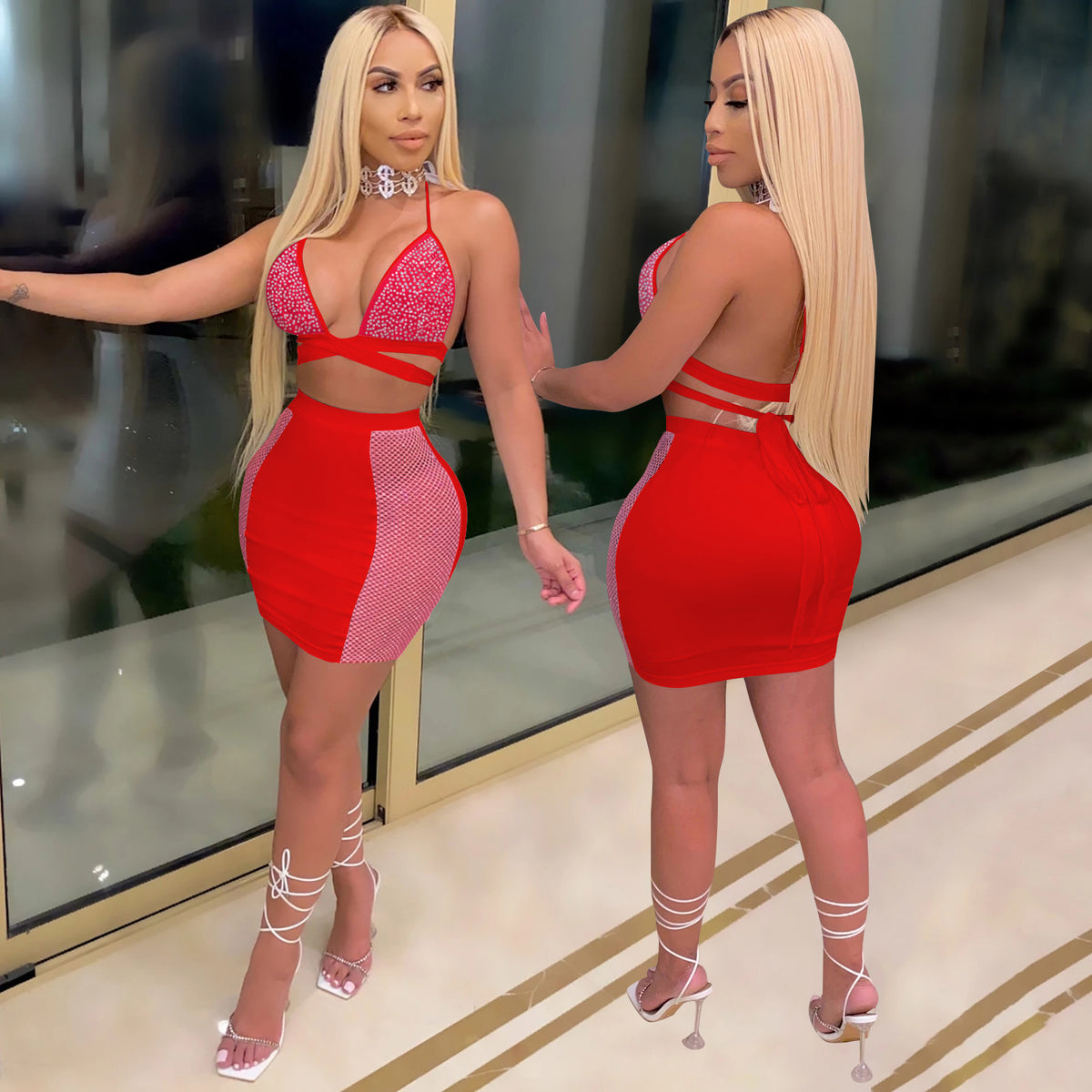 New Fashion Nightclub Skirt Drilling Criss Cross Strap Backless Two Piece Set