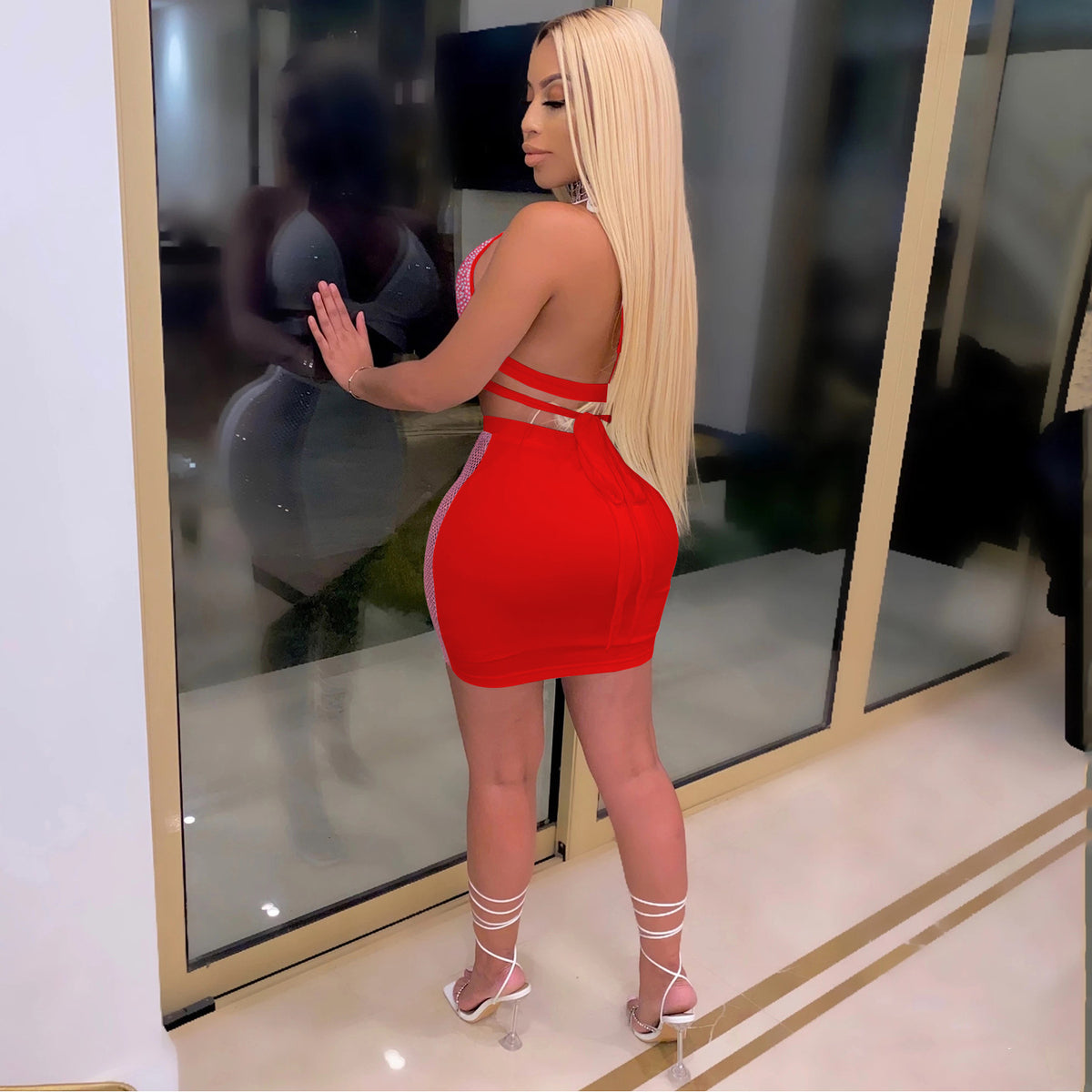 New Fashion Nightclub Skirt Drilling Criss Cross Strap Backless Two Piece Set
