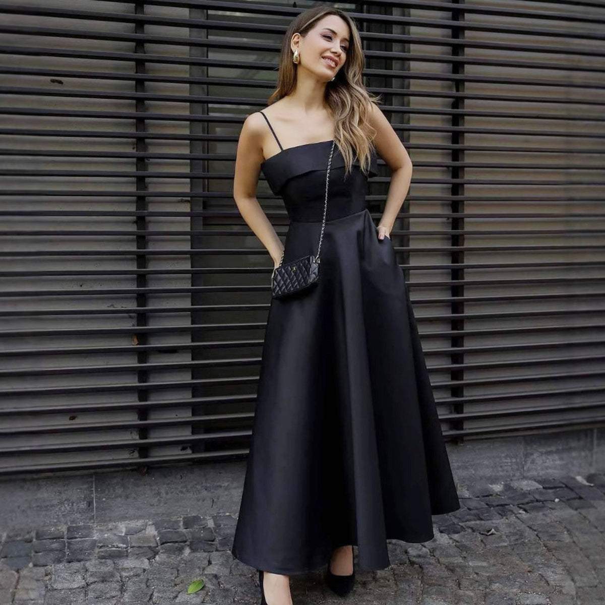 Summer French Retro Elegant Satin Strap Evening Dress