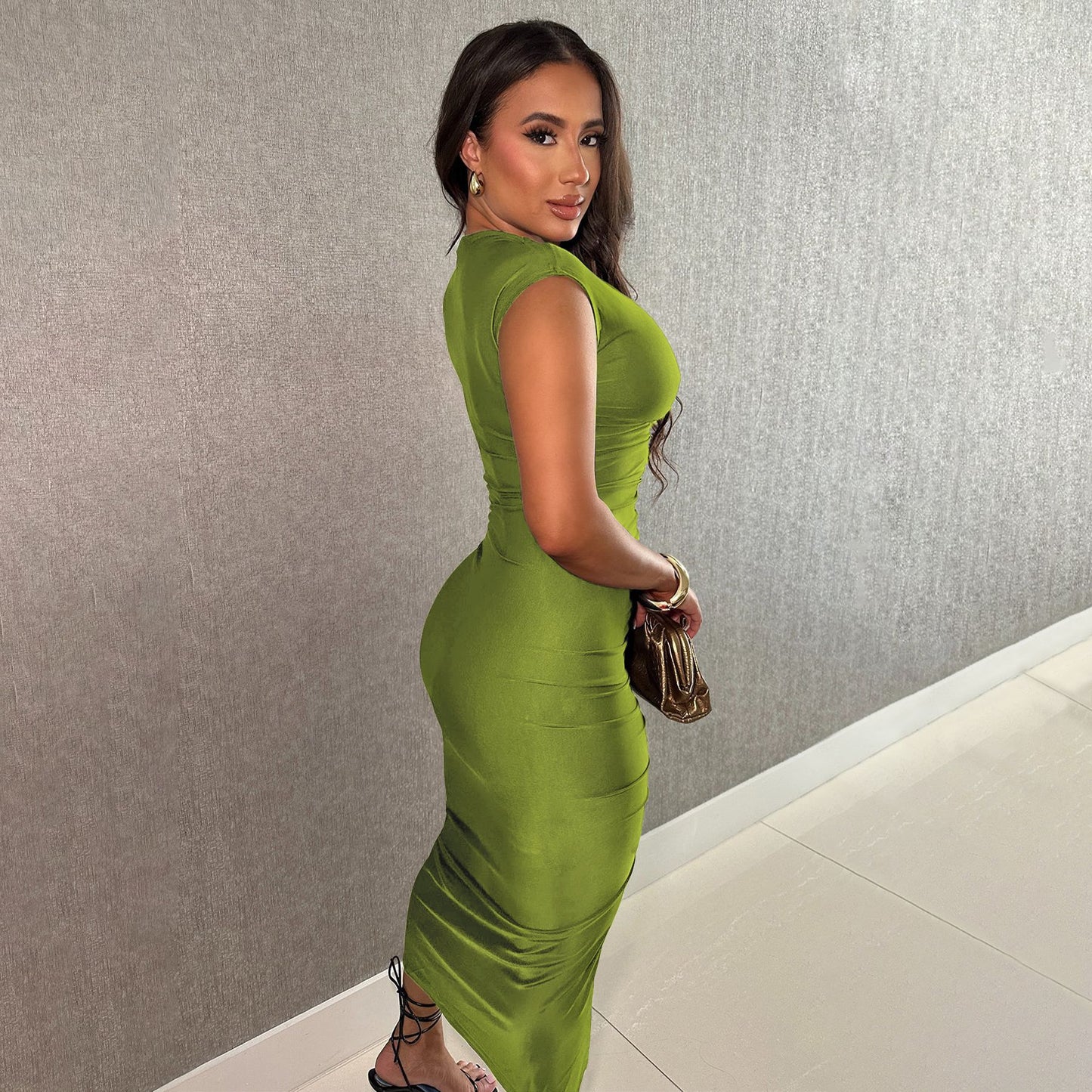 Women Wear Summer Solid Color Sexy Deep V Plunge Slim Fit Dress