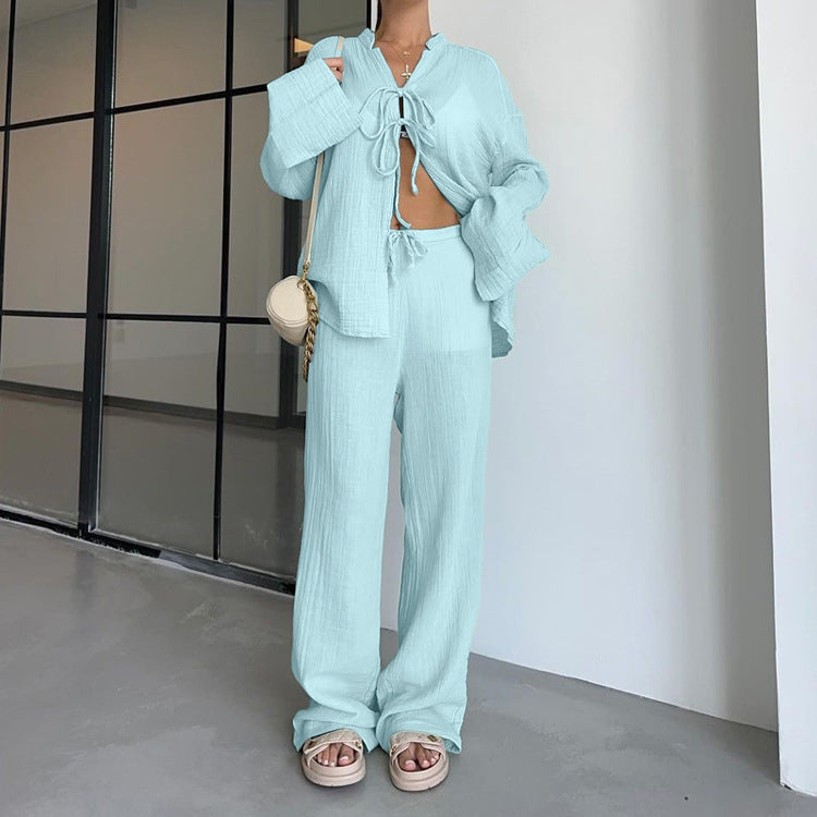 Women Clothing Cotton Champray Long Sleeve Lace up Cardigan Top Loose Trousers Casual Two Piece Set