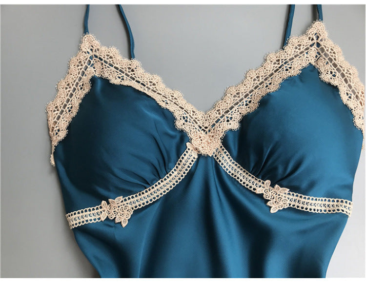 Spring Summer Silk Sexy Lace Backless Pajamas Small Chest Push Up Sling Chest Pad Ice Silk Nightdress Women Autumn