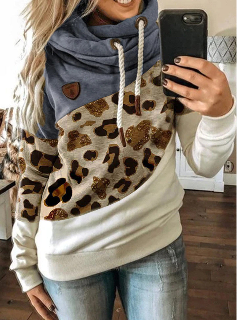 Women Clothing Printing Stitching Hooded Fleece Loose