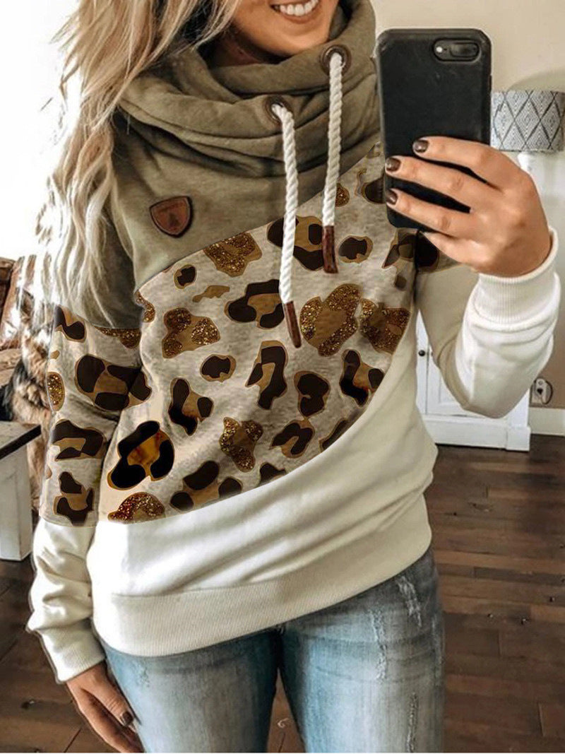 Women Clothing Printing Stitching Hooded Fleece Loose