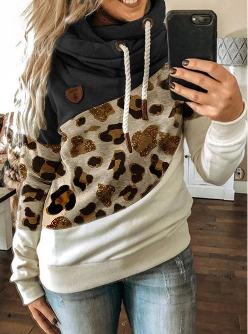 Women Clothing Printing Stitching Hooded Fleece Loose