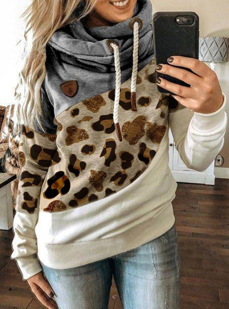 Women Clothing Printing Stitching Hooded Fleece Loose