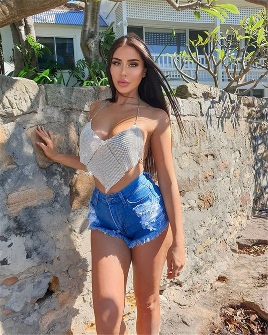 Women Clothing Nightclub Sexy Low Cut Backless Halter Rhinestone Stitching Triangle Vest Women