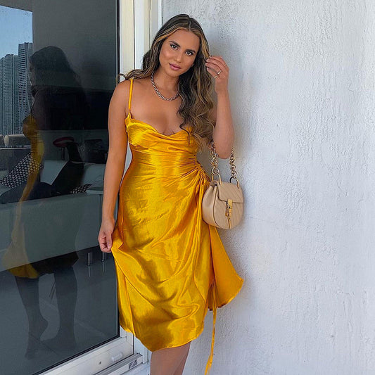 Satin Side Slit Cami Dress Sexy Solid Color Slim-Fit Chest-Flattering Dress for Women