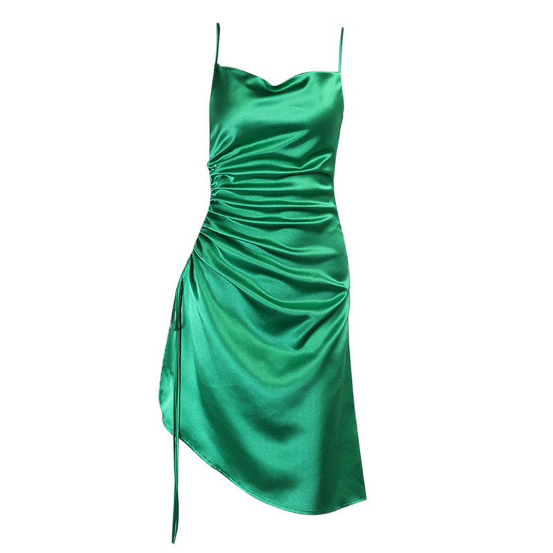 Satin Side Slit Cami Dress Sexy Solid Color Slim-Fit Chest-Flattering Dress for Women
