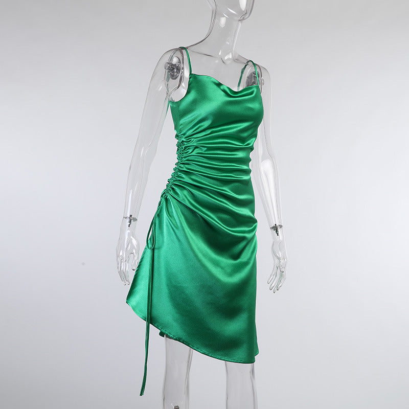 Satin Side Slit Cami Dress Sexy Solid Color Slim-Fit Chest-Flattering Dress for Women