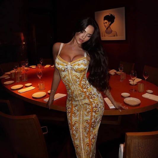 Women Wear Personality Printed V neck Slim Slimming Hip Dress Camisole Dress