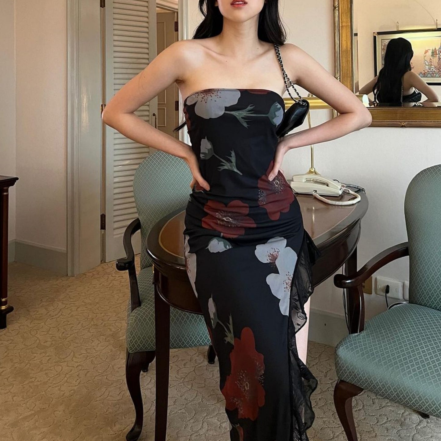 Women Clothing Summer Printed Lace Stitching Wrapped Chest Slim Fit Slit Dress Slimming