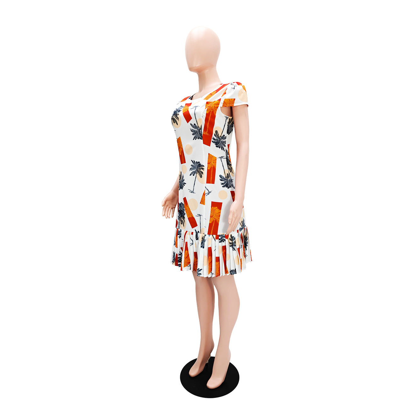 Women Printed Pleated Short Sleeve Slim Fit Dress