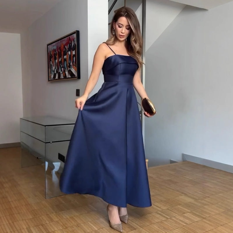 Summer French Retro Elegant Satin Strap Evening Dress