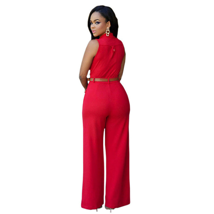 Women Clothing Single Breasted High Waist with Belt Wide Leg Pants Jumpsuit