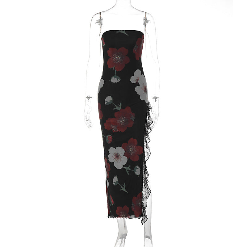 Women Clothing Summer Printed Lace Stitching Wrapped Chest Slim Fit Slit Dress Slimming