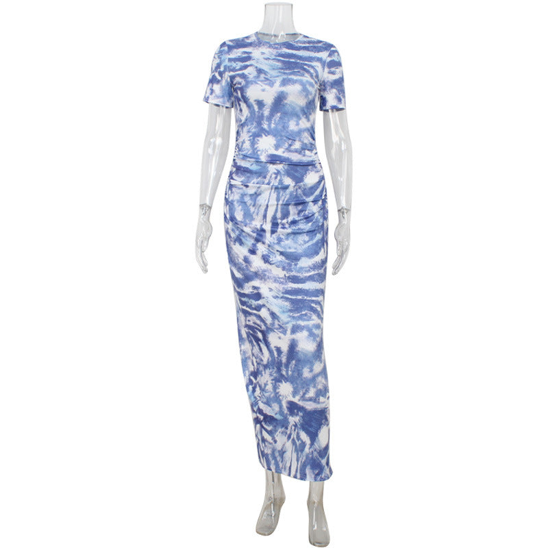 Niche Printed Close-Fitting Slimming Short Sleeve Dress Women Summer Seaside Vacation Slim Fit Sheath Dress Women