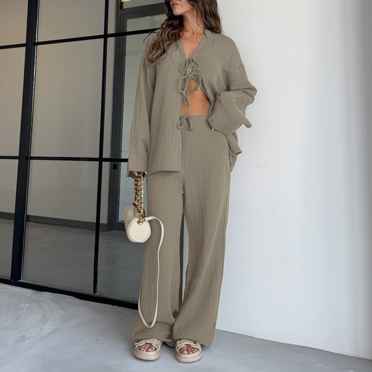 Women Clothing Cotton Champray Long Sleeve Lace up Cardigan Top Loose Trousers Casual Two Piece Set