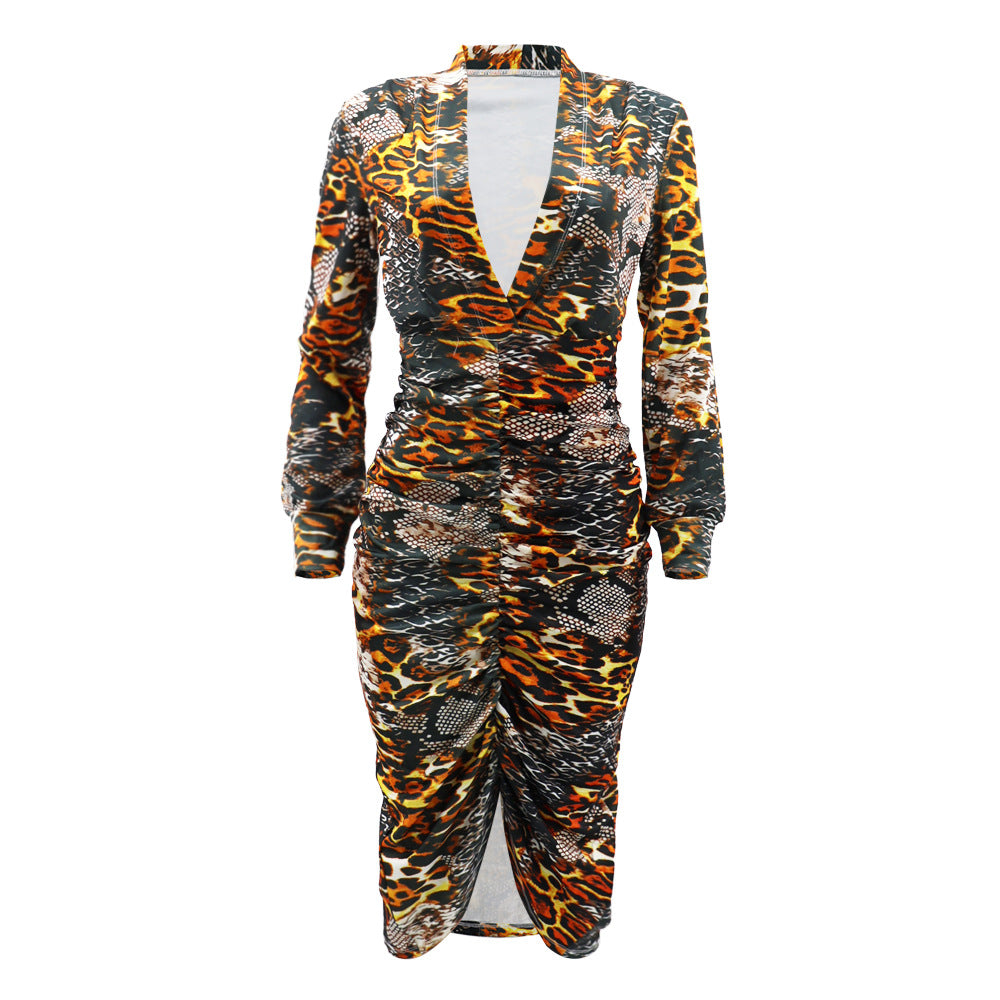 Pleated Irregular Asymmetric Long Sleeve Deep V Plunge Leopard Print Spring Autumn Women Dress