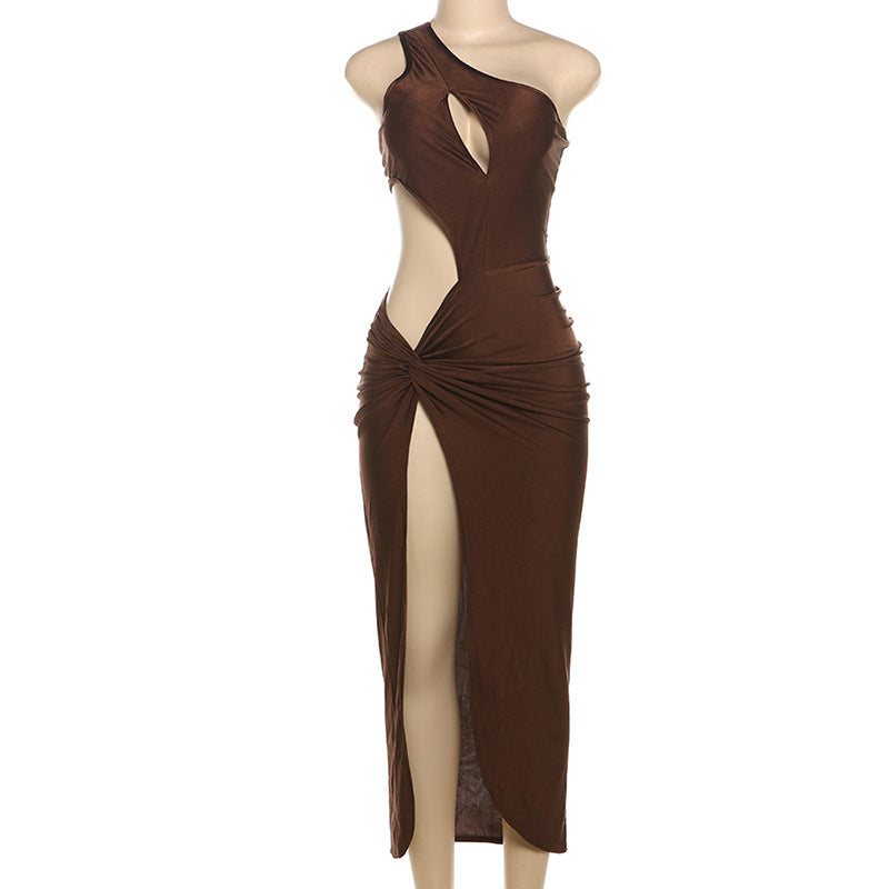 Women Clothing Summer Personalized Shoulder Hollow Out Cutout Sexy High Slit Elegant Slim Fit Dress Women
