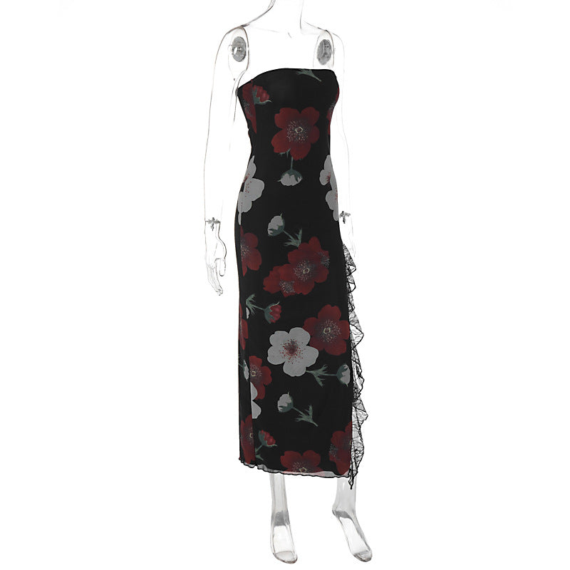 Women Clothing Summer Printed Lace Stitching Wrapped Chest Slim Fit Slit Dress Slimming