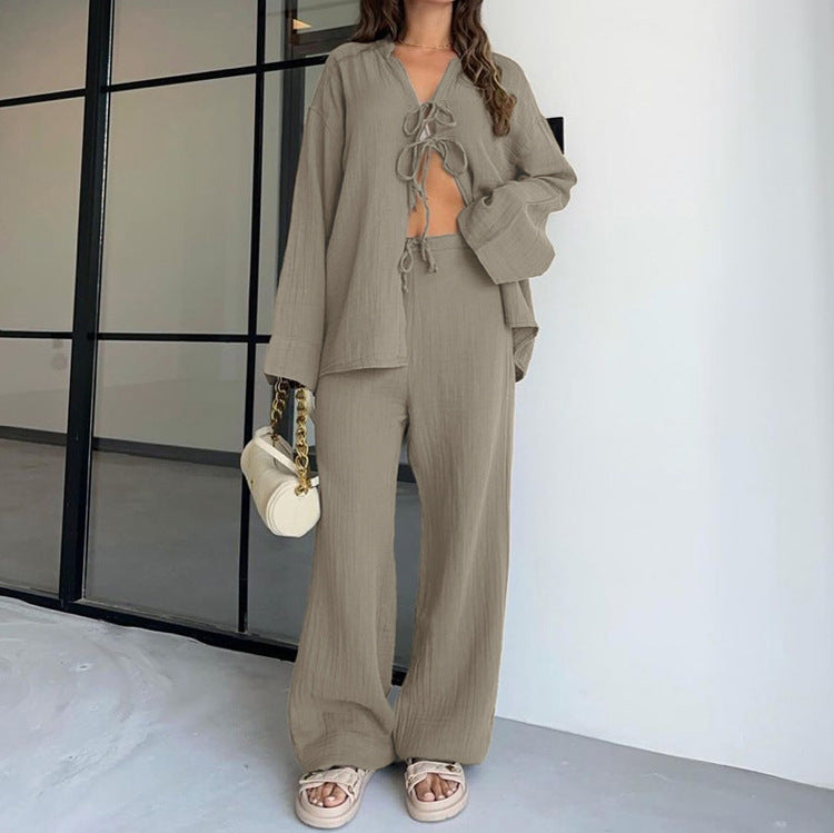 Women Clothing Cotton Champray Long Sleeve Lace up Cardigan Top Loose Trousers Casual Two Piece Set