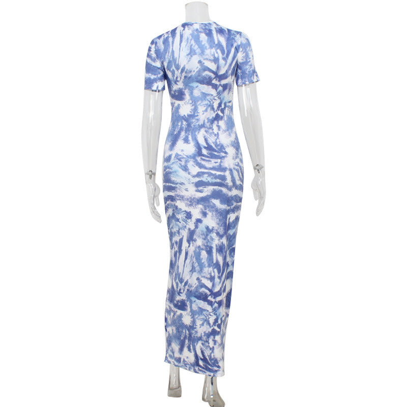 Niche Printed Close-Fitting Slimming Short Sleeve Dress Women Summer Seaside Vacation Slim Fit Sheath Dress Women