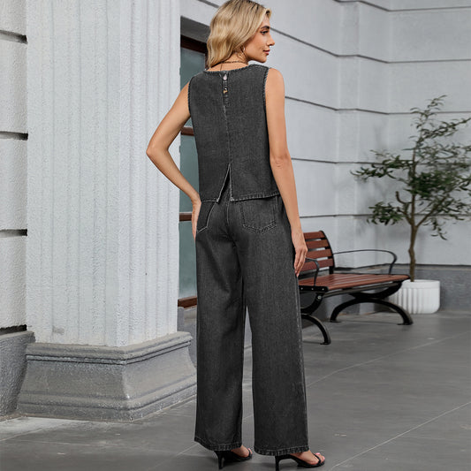 Women Clothing Autumn Washed Solid Color Denim Top Work Pant Sets