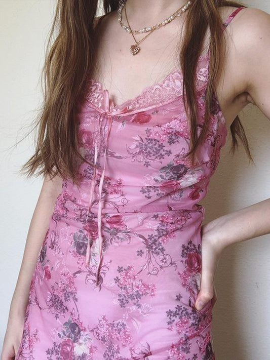 Sexy Sexy Mesh Lace Patchwork Retro Printed V neck Sling Dress Sexy Irregular Asymmetric Dress
