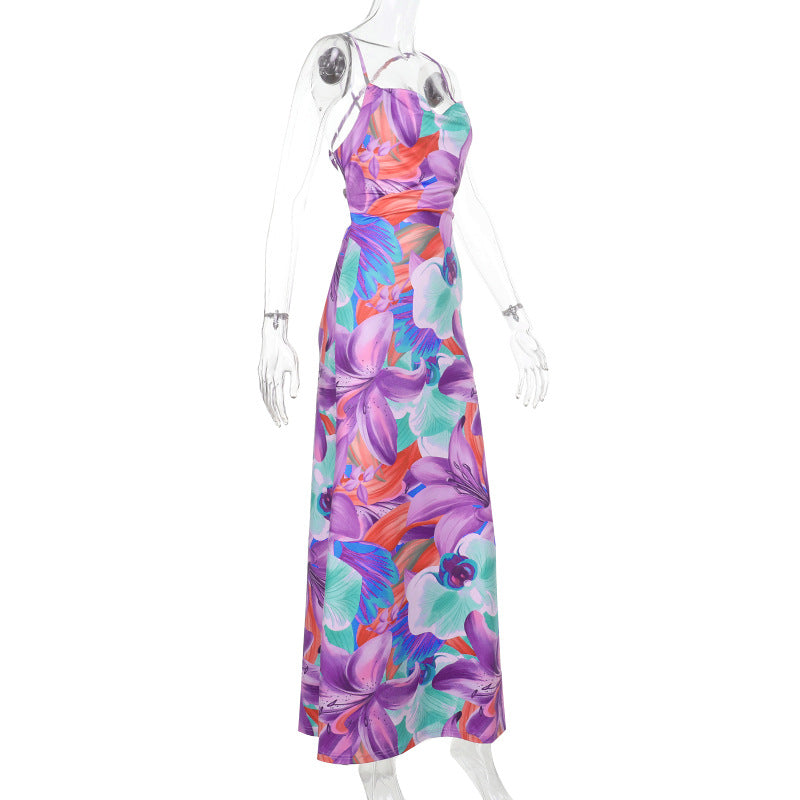 Color Split Dress Backless Printing Slip Dress