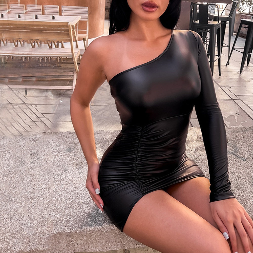 Women Clothing Sexy Oblique Shoulder Single Sleeve Ruffle Hip Dress Faux Leather Nightclub Dress