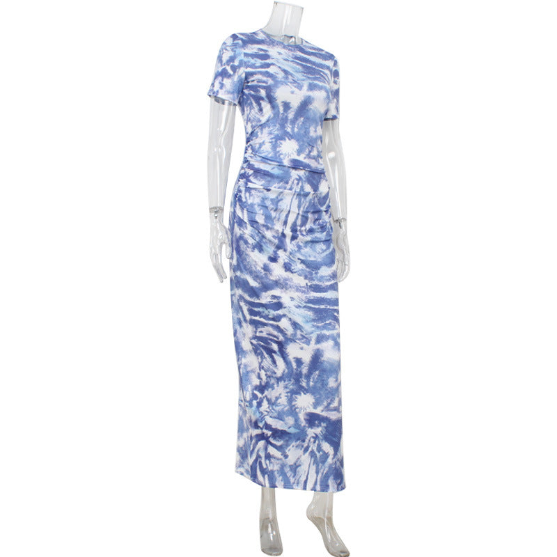 Niche Printed Close-Fitting Slimming Short Sleeve Dress Women Summer Seaside Vacation Slim Fit Sheath Dress Women