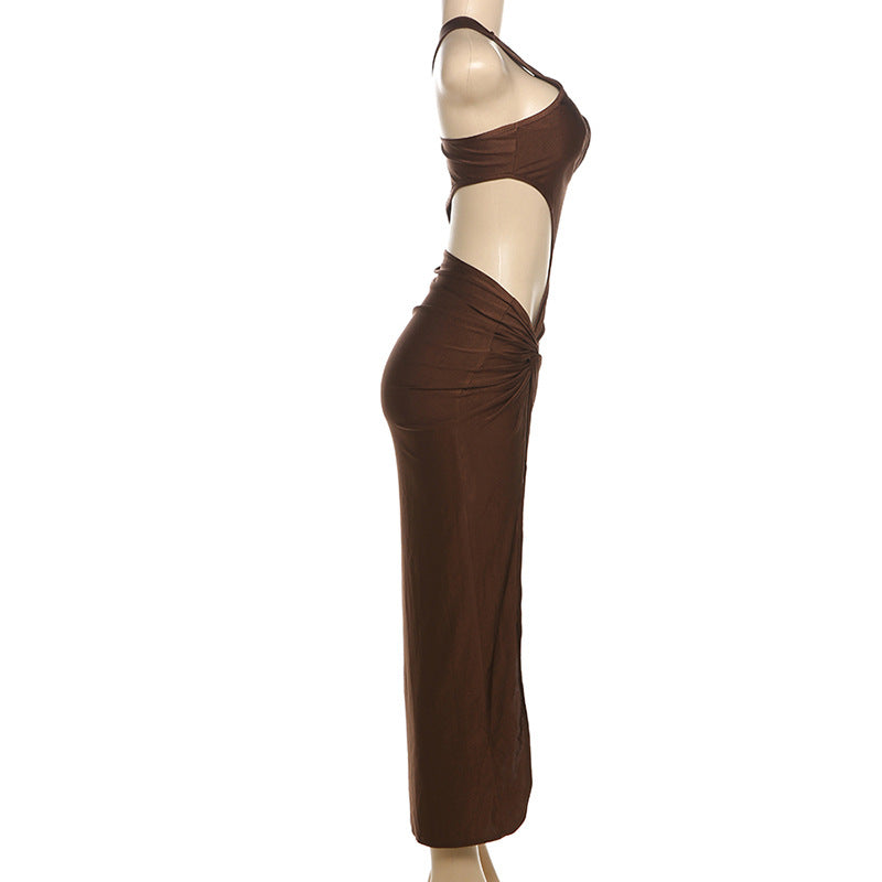 Women Clothing Summer Personalized Shoulder Hollow Out Cutout Sexy High Slit Elegant Slim Fit Dress Women