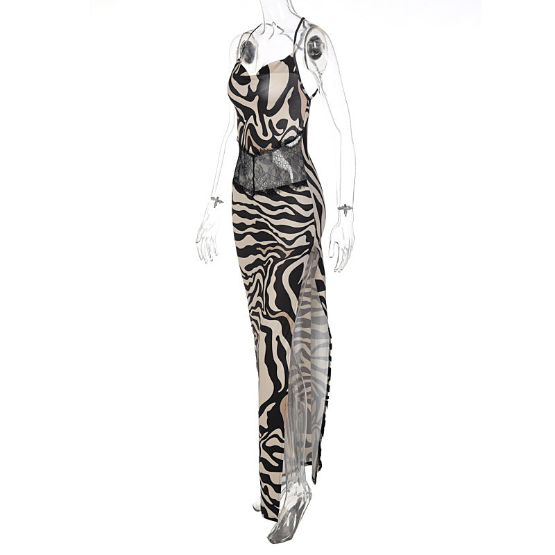 Women Clothing Summer Print Stitching Backless Sleeveless Split Dress