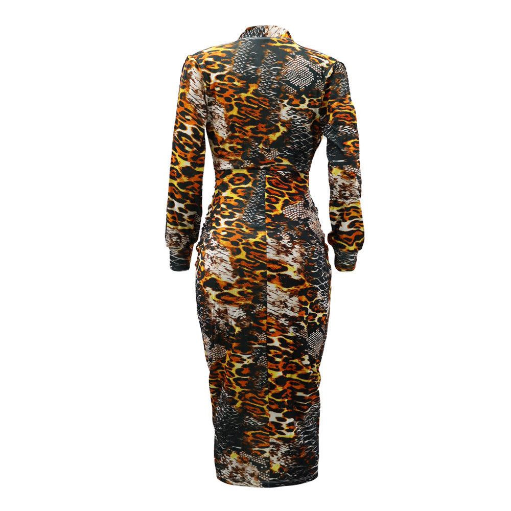 Pleated Irregular Asymmetric Long Sleeve Deep V Plunge Leopard Print Spring Autumn Women Dress