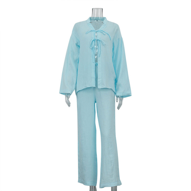 Women Clothing Cotton Champray Long Sleeve Lace up Cardigan Top Loose Trousers Casual Two Piece Set