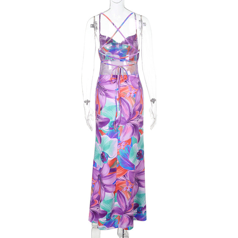 Color Split Dress Backless Printing Slip Dress