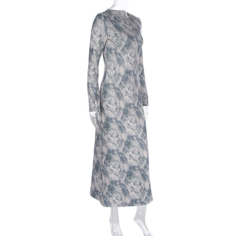 Women Clothing Summer Slim round Neck Printing Long Sleeve Maxi Dress