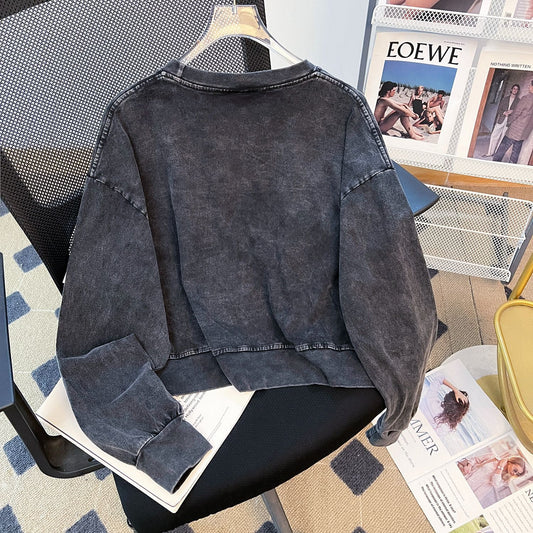 O neck Short Washed Old Long T Shirt Women Niche Design Washed Vintage Pure Cotton Casual Hoodie