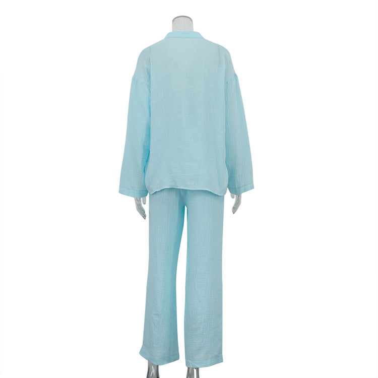 Women Clothing Cotton Champray Long Sleeve Lace up Cardigan Top Loose Trousers Casual Two Piece Set