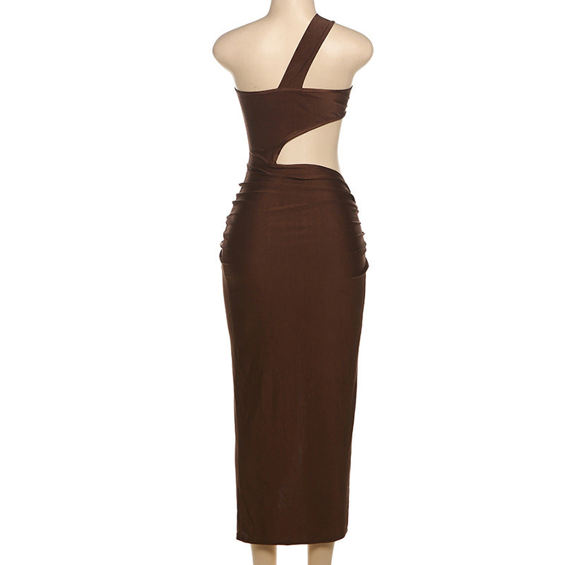 Women Clothing Summer Personalized Shoulder Hollow Out Cutout Sexy High Slit Elegant Slim Fit Dress Women