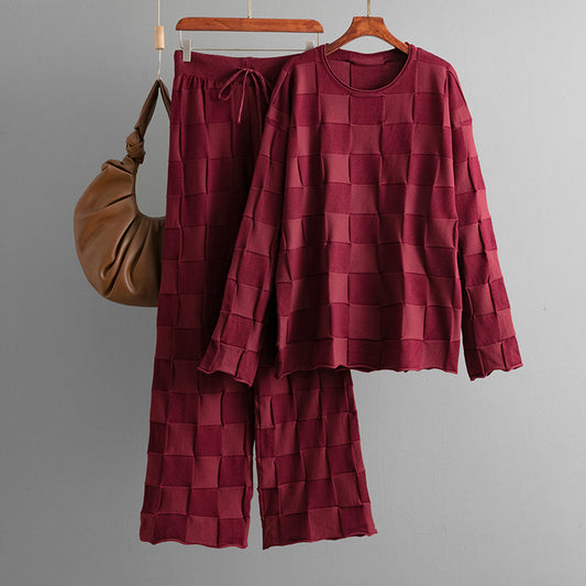 Square Plaid Knitting Women Autumn Winter Loose Fitting Oversized Sweater Casual Wide Leg Pants Two Piece Set