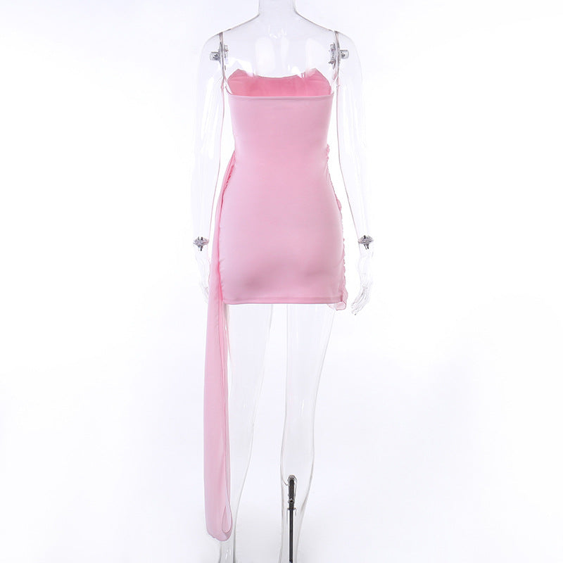 Sexy Tube Top Mesh Ribbon Dress Elegant Party Slim Fit Solid Color Short Dress for Women