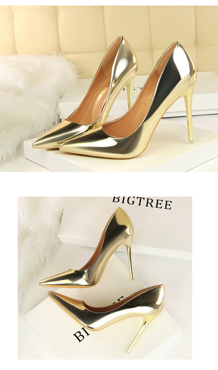 Fashionable Metal Heel High Heels Women Shoes High Heel Low Cut Pointed Toe Sexy Nightclubs Thinner Pumps