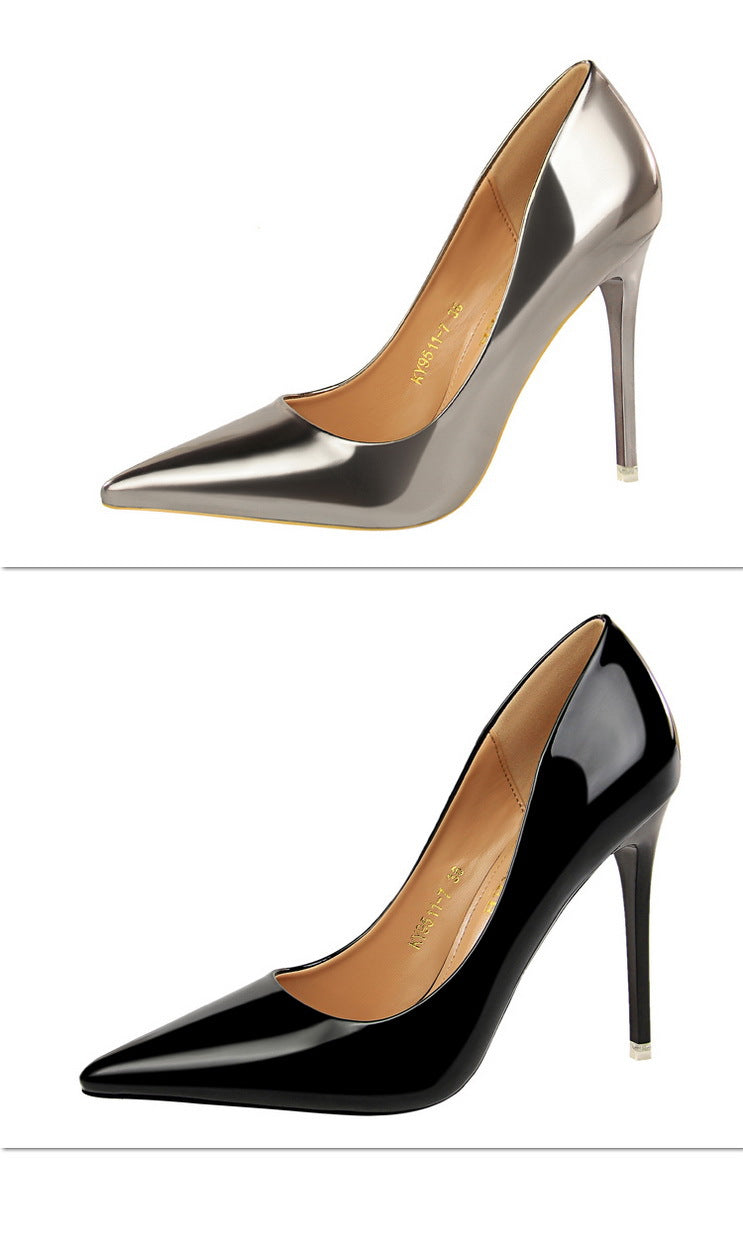 Fashionable Metal Heel High Heels Women Shoes High Heel Low Cut Pointed Toe Sexy Nightclubs Thinner Pumps