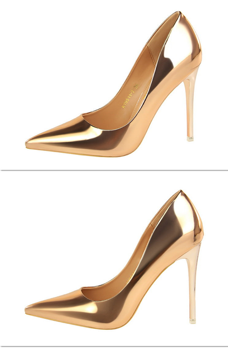 Fashionable Metal Heel High Heels Women Shoes High Heel Low Cut Pointed Toe Sexy Nightclubs Thinner Pumps